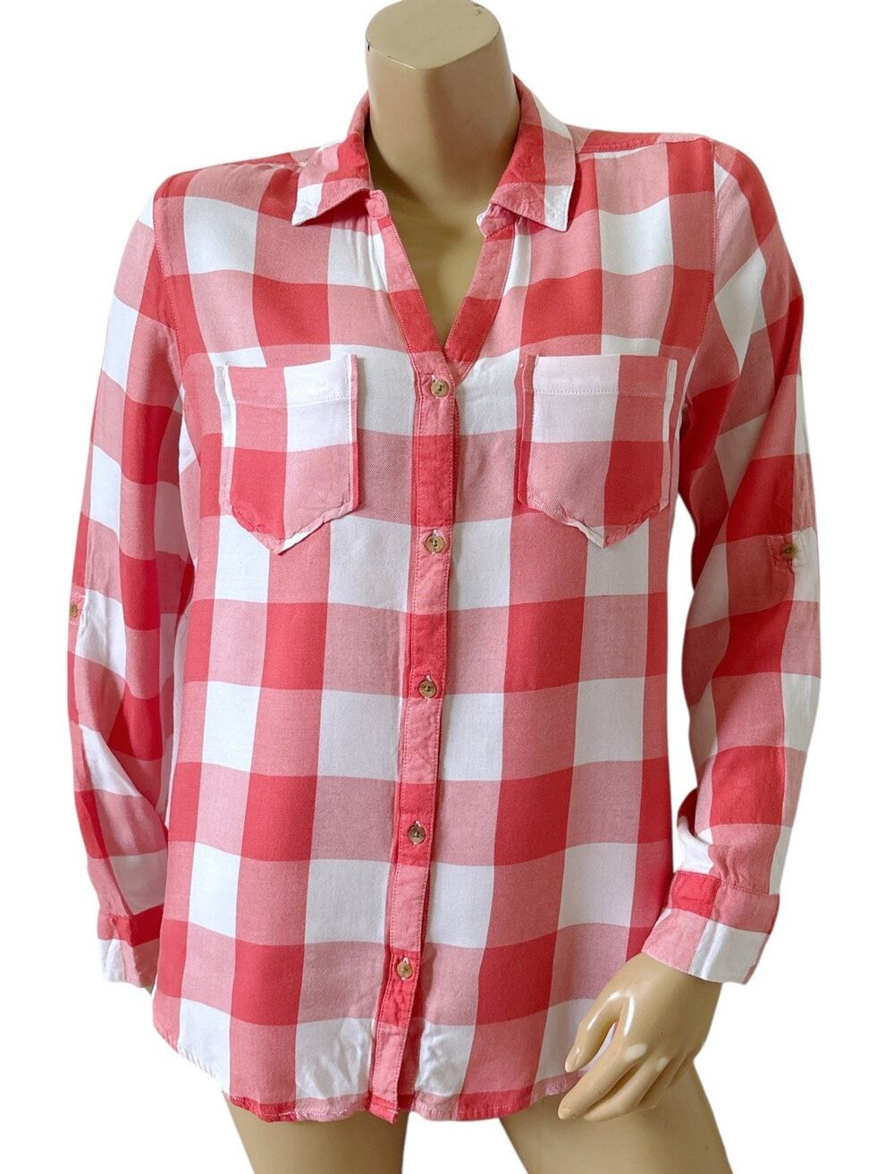 Tinsel Blouse Womens Medium Plaid Button Front Convertible Sleeve Collared Top